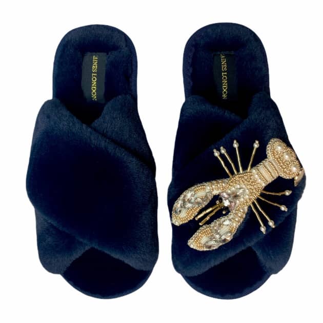 Fluffy Slippers with Pearl & Gold Lobster Brooch